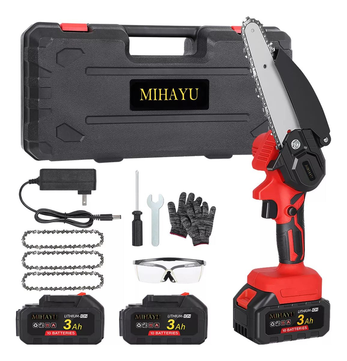 Motosserra Mini Eletrica Mini Serra Elétrica MIHAYU 21V 6 Polegadas 1500W Portátil, 300RPM, 3 Correntes Substituíveis, Leve e Compacta